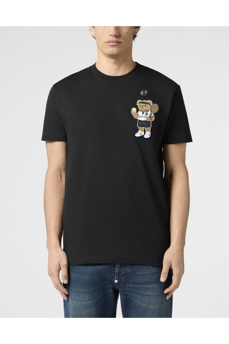 Round Neck T-Shirt Teddy Tennis Patch Men, Main, color, black