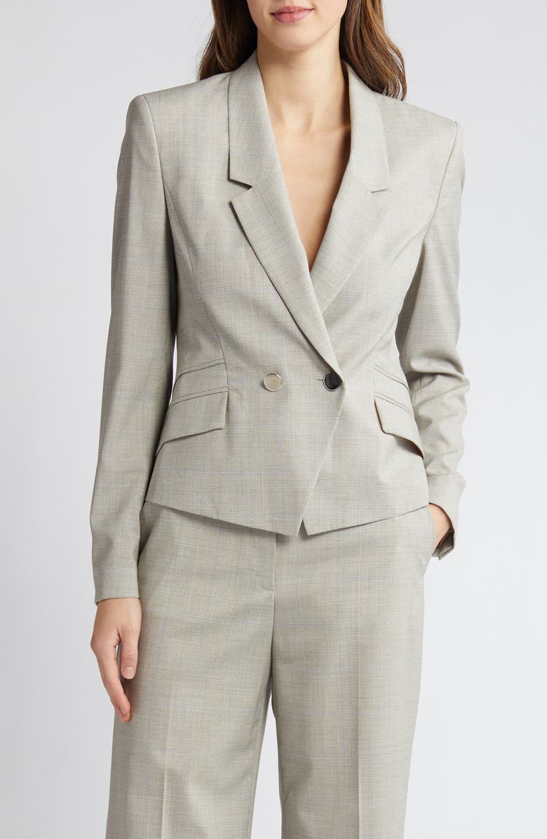 BOSS Jarinary Double Breasted Virgin Wool Blazer, Main, color, Light Beige Windowpane