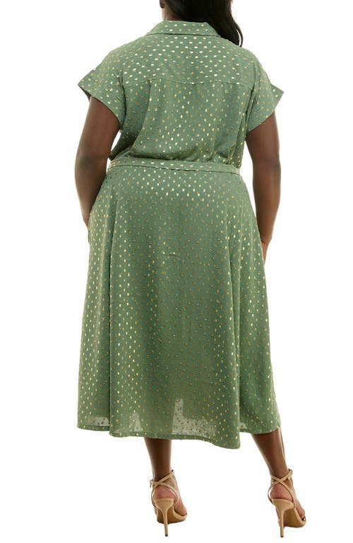 Nina Leonard Short Sleeve Clip Dot Shirtdress In Sage/gold