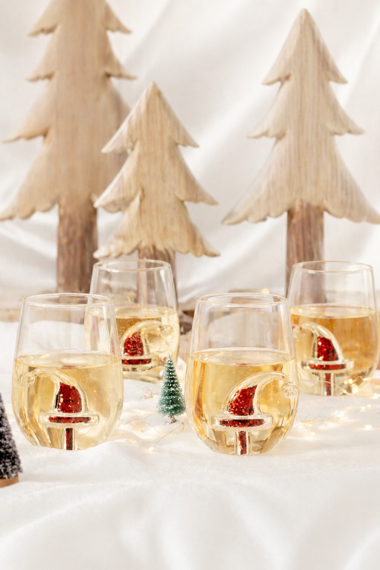Glitter Christmas Santa Hat Stemless Wine Glass, Set of 4, Alternate, color, Red