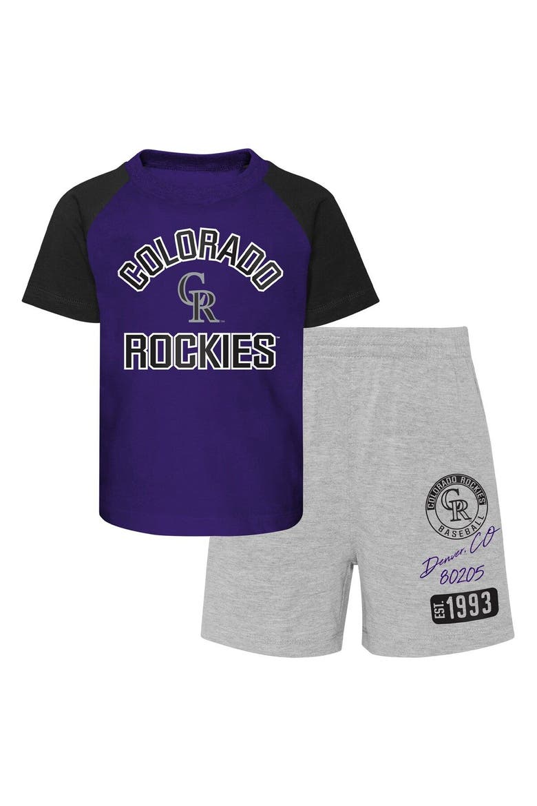Infant Purple/Heather Gray Colorado Rockies Ground Out Baller Raglan T-Shirt and Shorts Set, Main, color, Purple