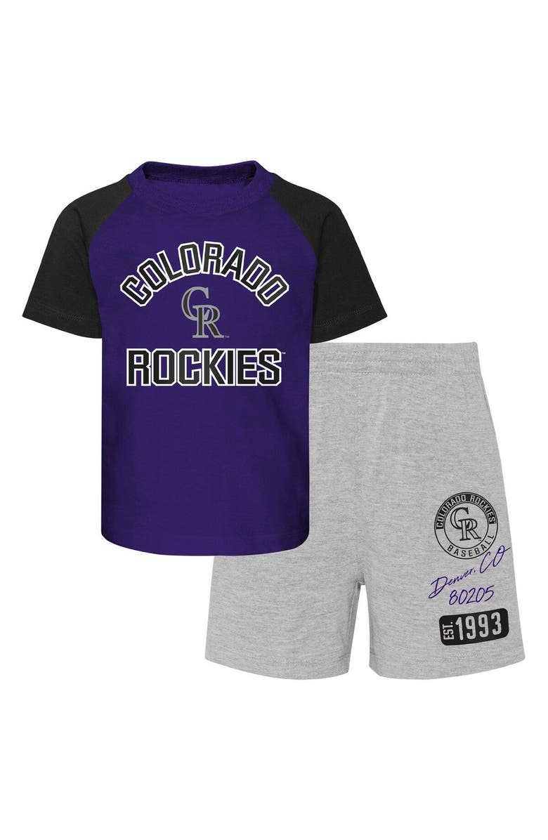 Outerstuff Infant Purple/Heather Gray Colorado Rockies Ground Out Baller Raglan T-Shirt and Shorts Set, Main, color, Purple