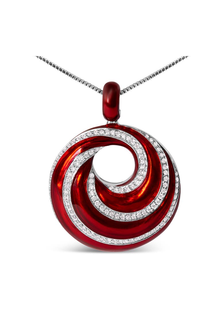 Silver Red Enamel and 1/2 Diamond Swirl Medallion Pendant Necklace, Alternate, color, White