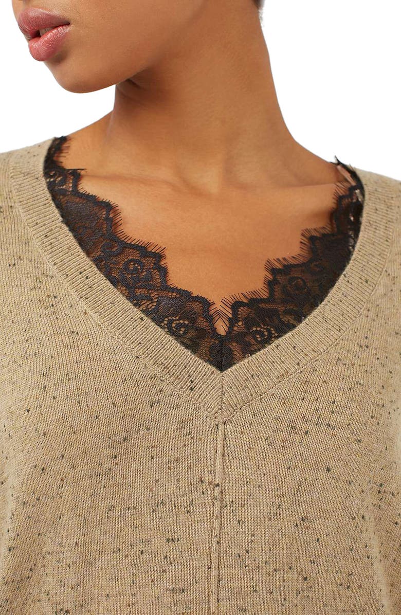 Topshop Lace V-Neck Sweater Tunic, Alternate, color, 