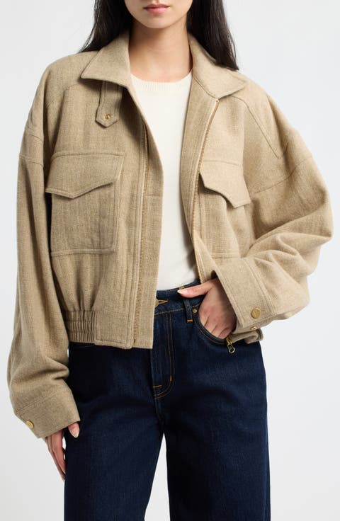 Herringbone Funnel Neck Wool Blend Jacket