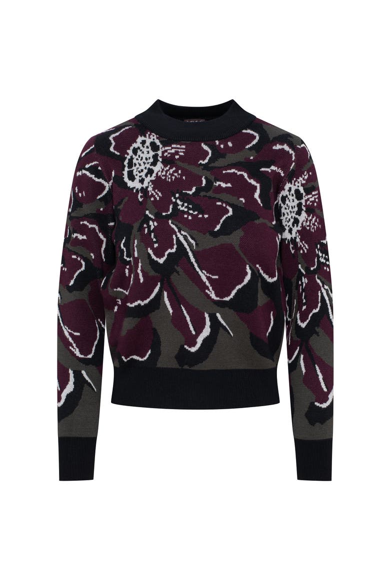 Floral Ribbed Neck Cuffs Knit Sweater, Main, color, Black/Dark Wine