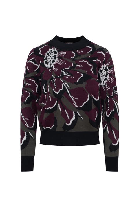 Floral Ribbed Neck Cuffs Knit Sweater