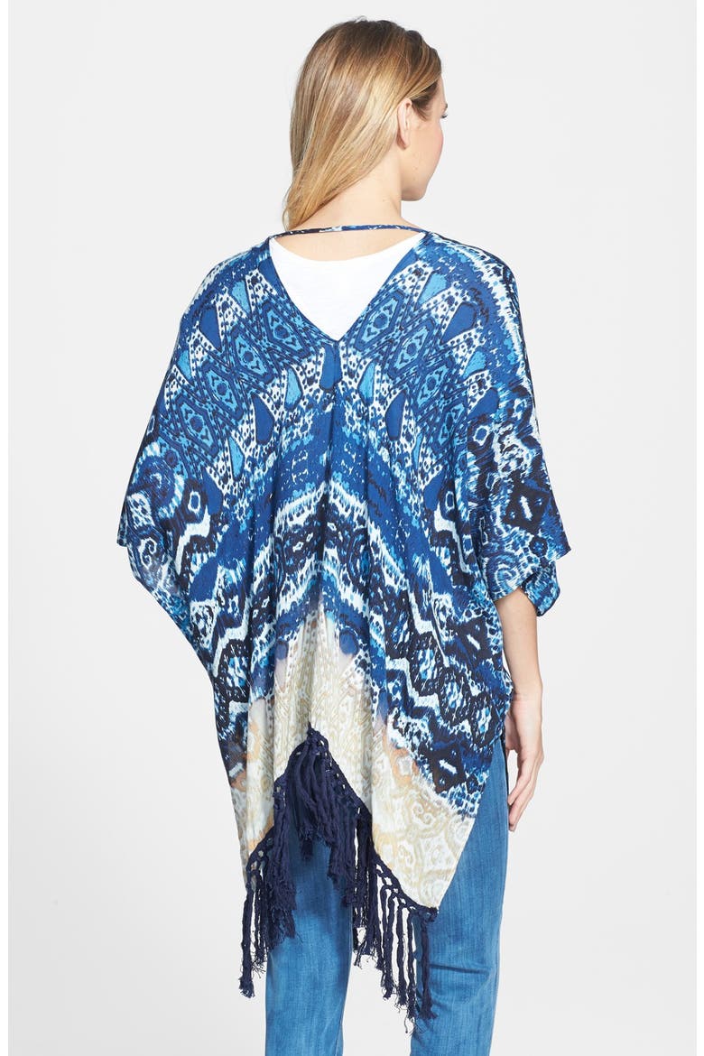 Zoe & Rose Print Fringe Kimono, Alternate, color, NAVY BLUE/ BLEACH