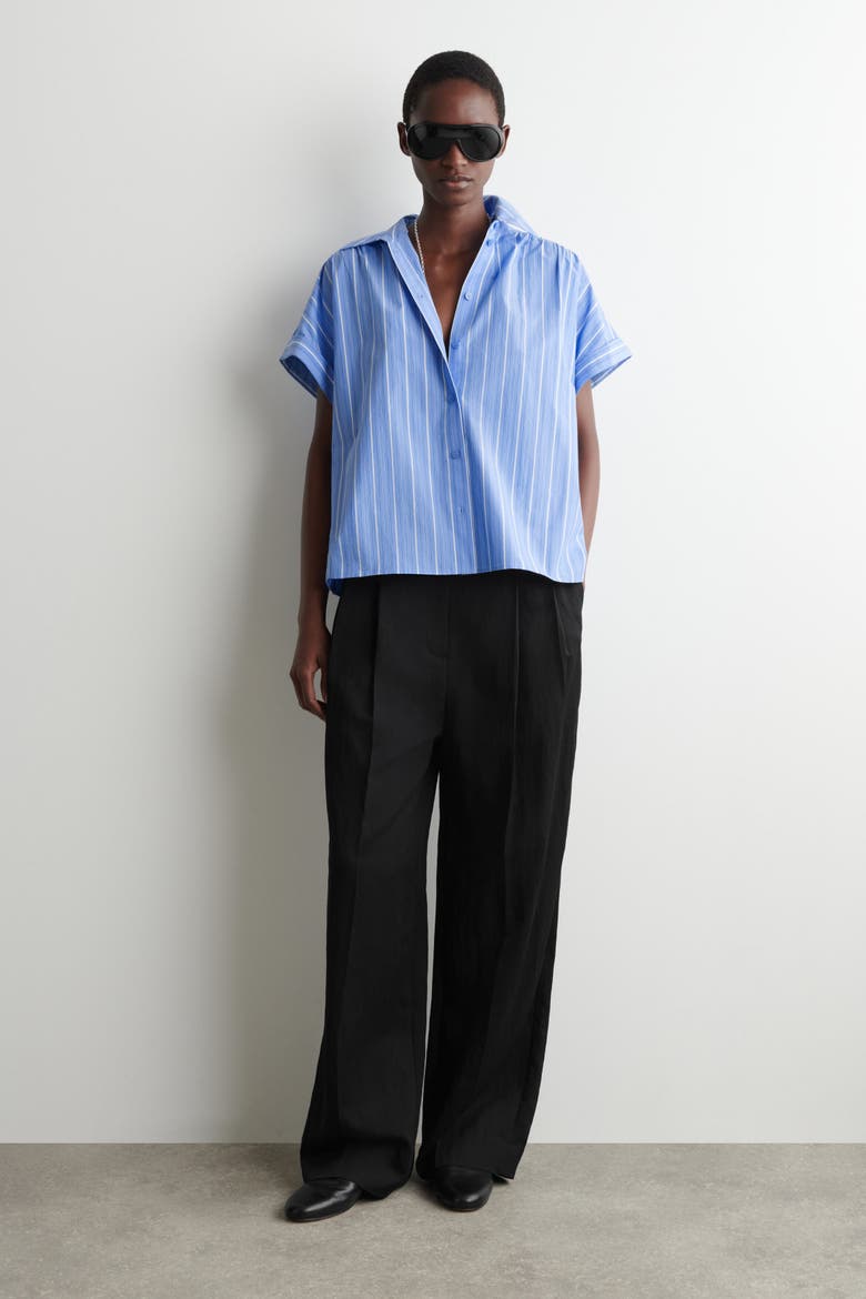 Striped Short-sleeved Cotton Shirt, Alternate, color, BLUE / STRIPED