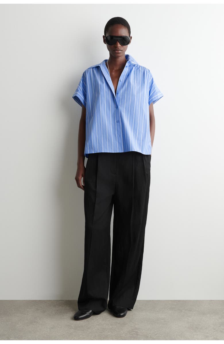COS Striped Short-sleeved Cotton Shirt, Alternate, color, Blue / Striped