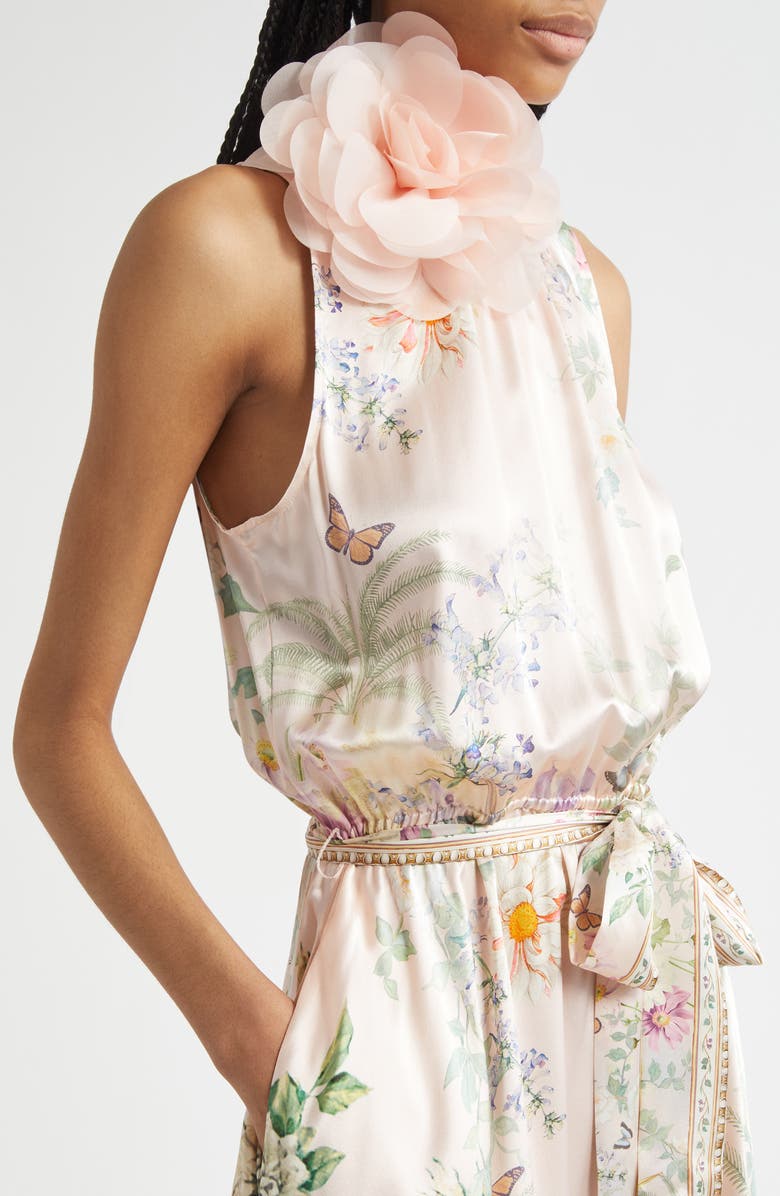 Camilla Floral Appliqué Tiered Silk Charmeuse Maxi Dress, Alternate, color, 