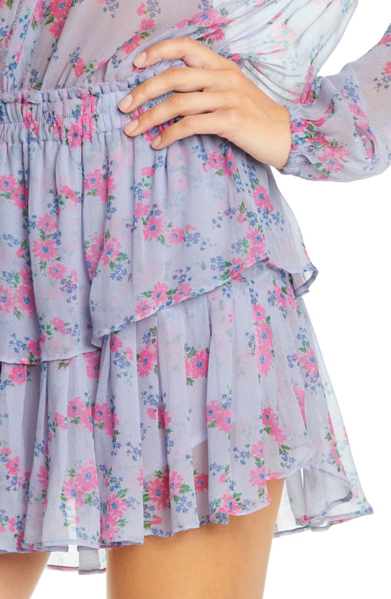 LoveShackFancy Floral Print Popover Long Sleeve Silk Minidress, Alternate, color, Wisteria Lilac