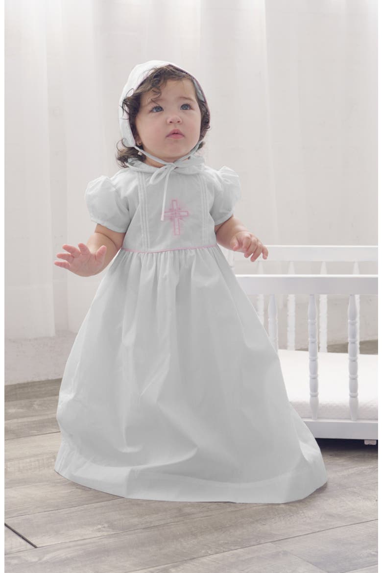 Embroidered Christening Gown & Bonnet Set, Alternate, color, WHITE