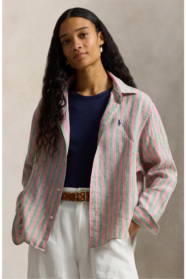 Stripe Linen Shirt, Alternate, color, BERRY/ GREEN MULTI