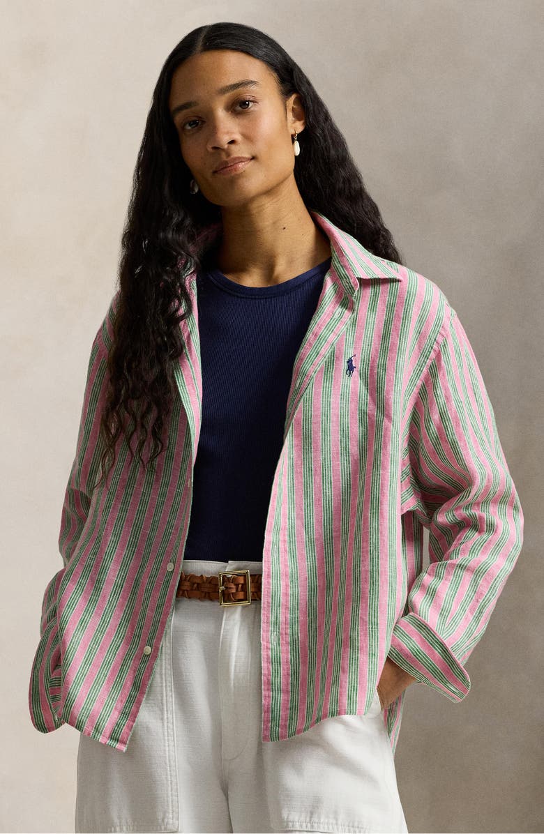 Polo Ralph Lauren Stripe Linen Shirt, Alternate, color, Berry/ Green Multi