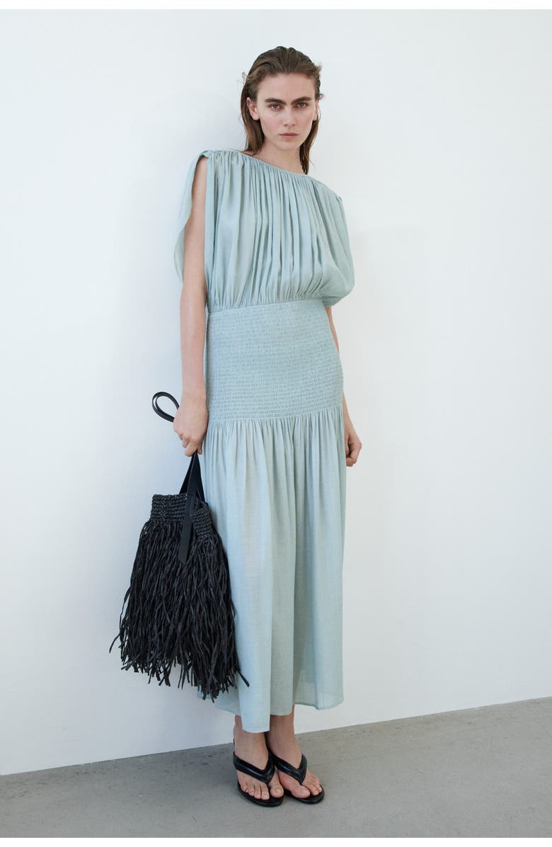 H&M Smocked Cape-detail Dress, Alternate, color, Light Turquoise