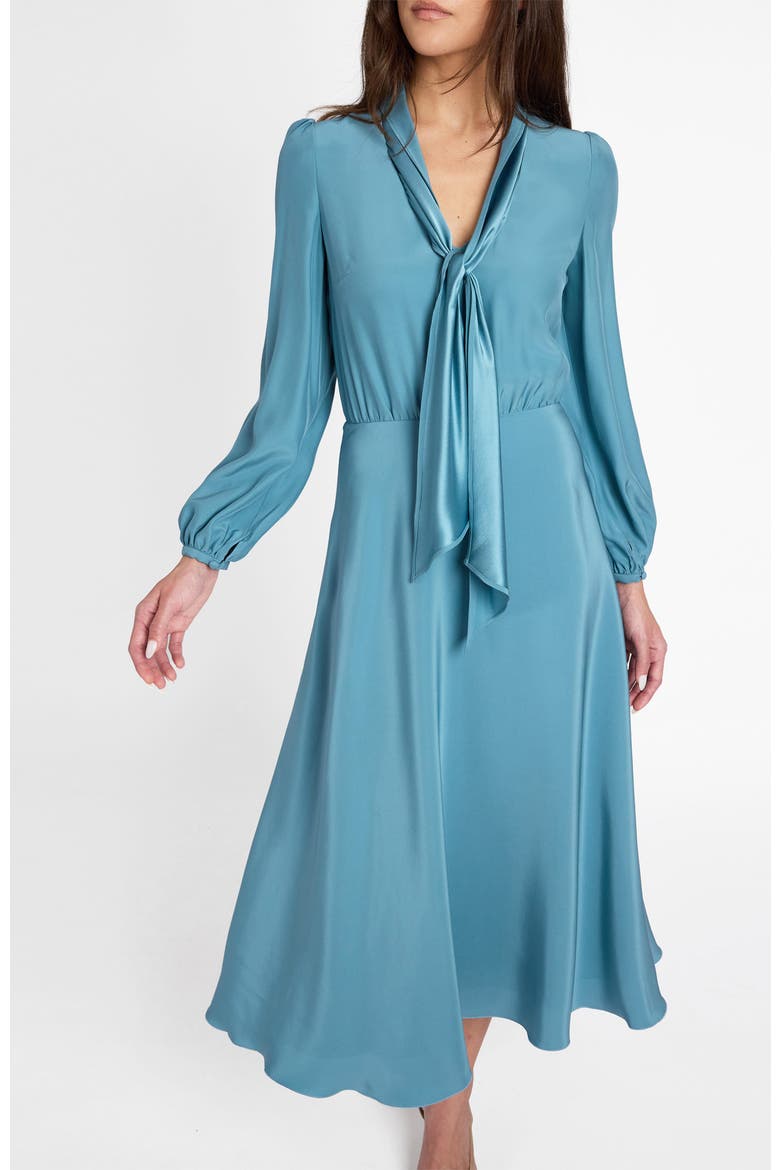 Jenn Long Sleeve Silk Midi Tie-Neck Dress, Alternate, color, Steel Teal