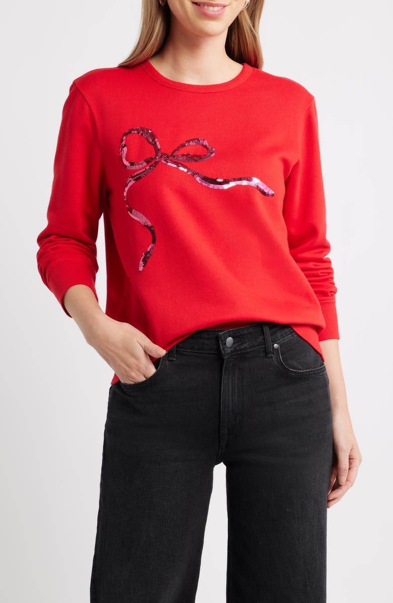 Caslon<sup>®</sup> Sequin Bow Sweatshirt, Main, color, Red Sequin Bow