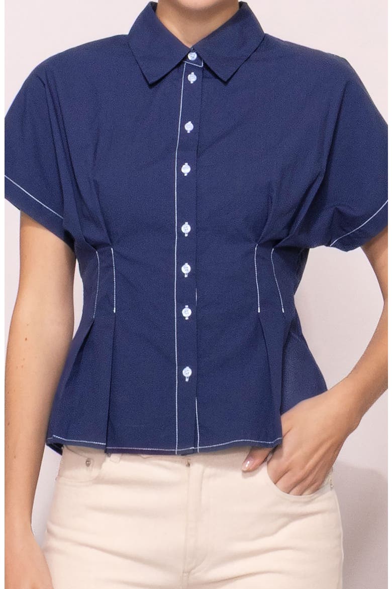 Godet Short Sleeve Button-Up Shirt, Alternate, color, NAVY