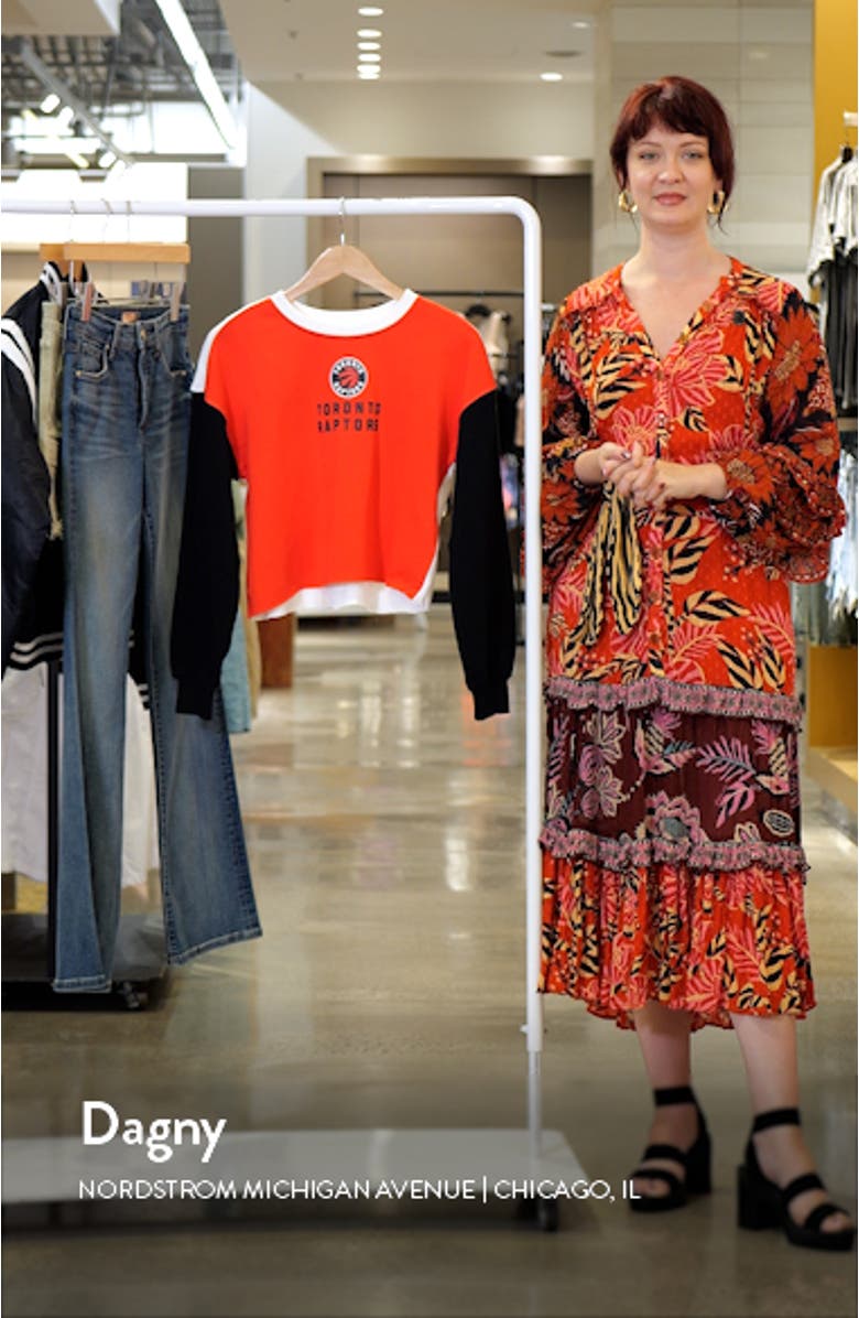 Women's WEAR by Erin Andrews Heather Red Toronto Raptors Mixed Letter Cropped Pullover Sweatshirt, sales video thumbnail