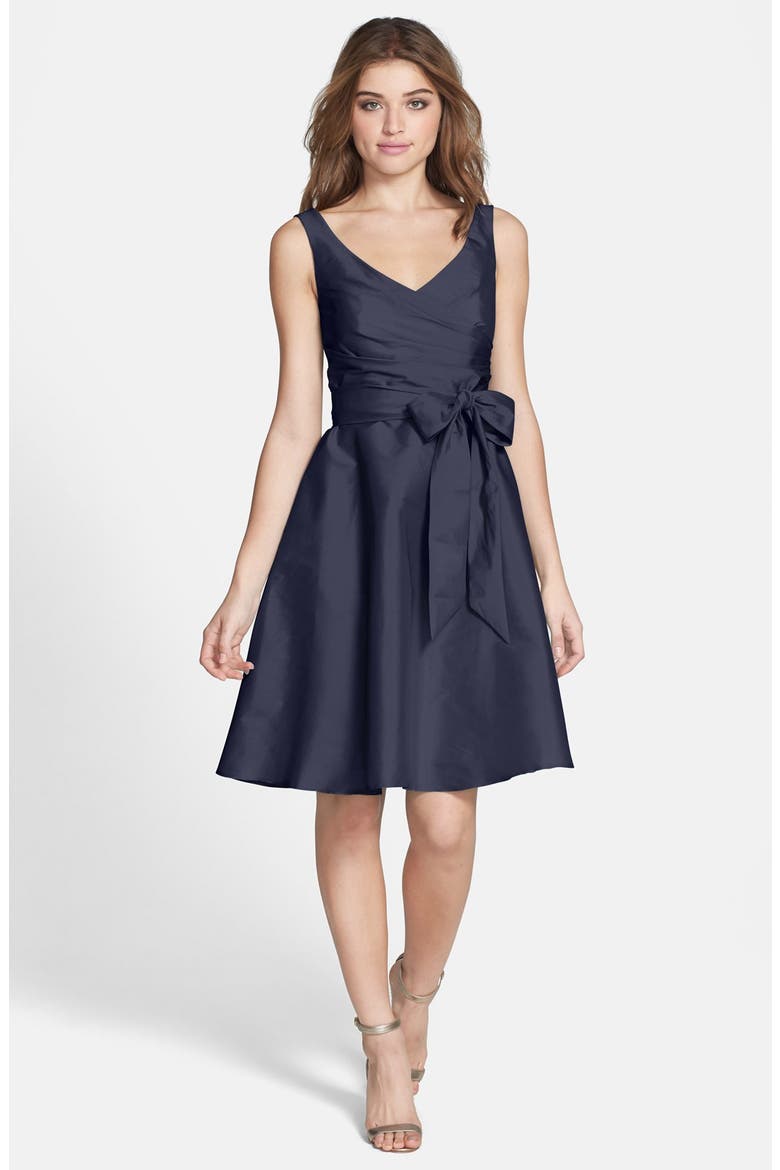 Peau de Soie Fit & Flare Dress, Main, color, MIDNIGHT
