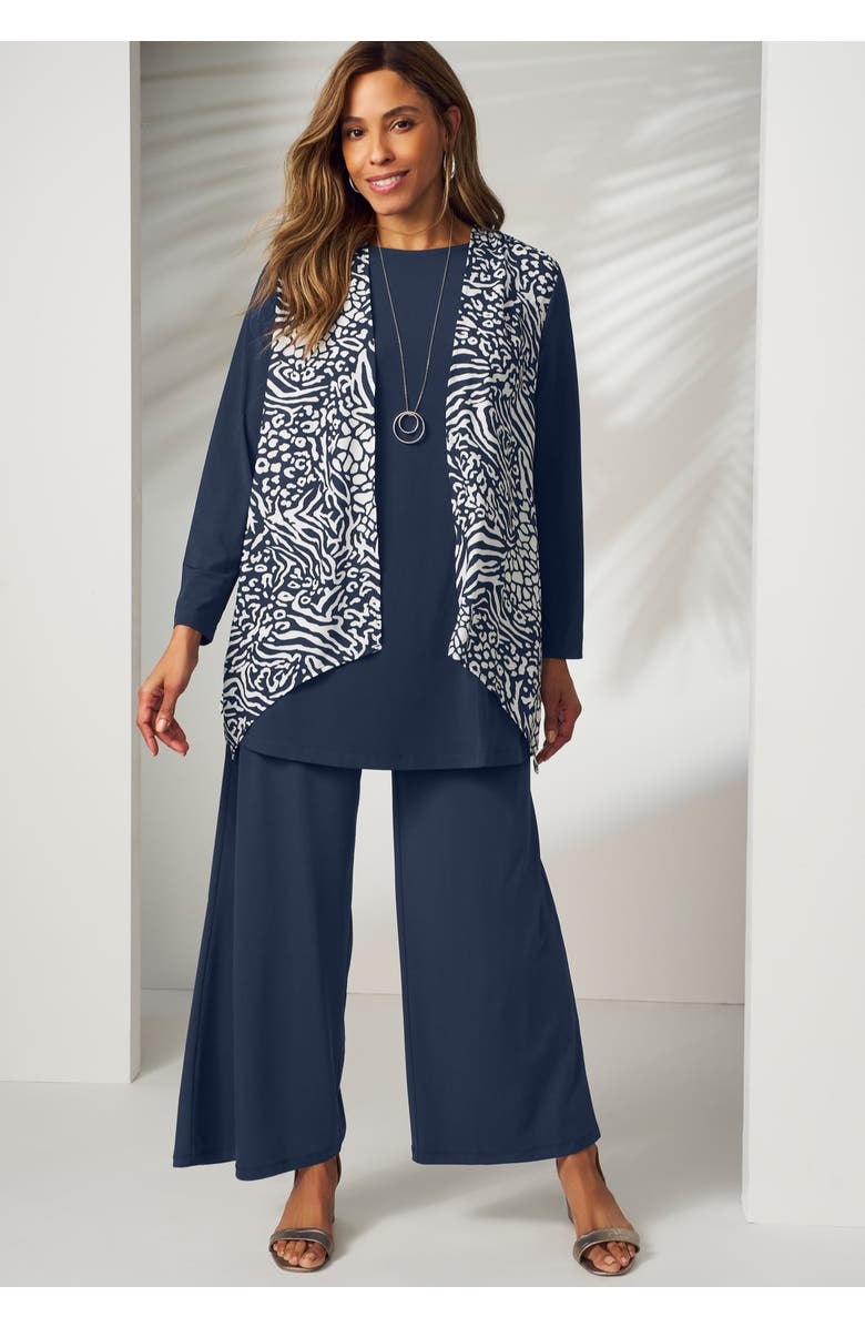 Jessica London Mixed Media Cardigan, Alternate, color, Navy Mixed Media Animal