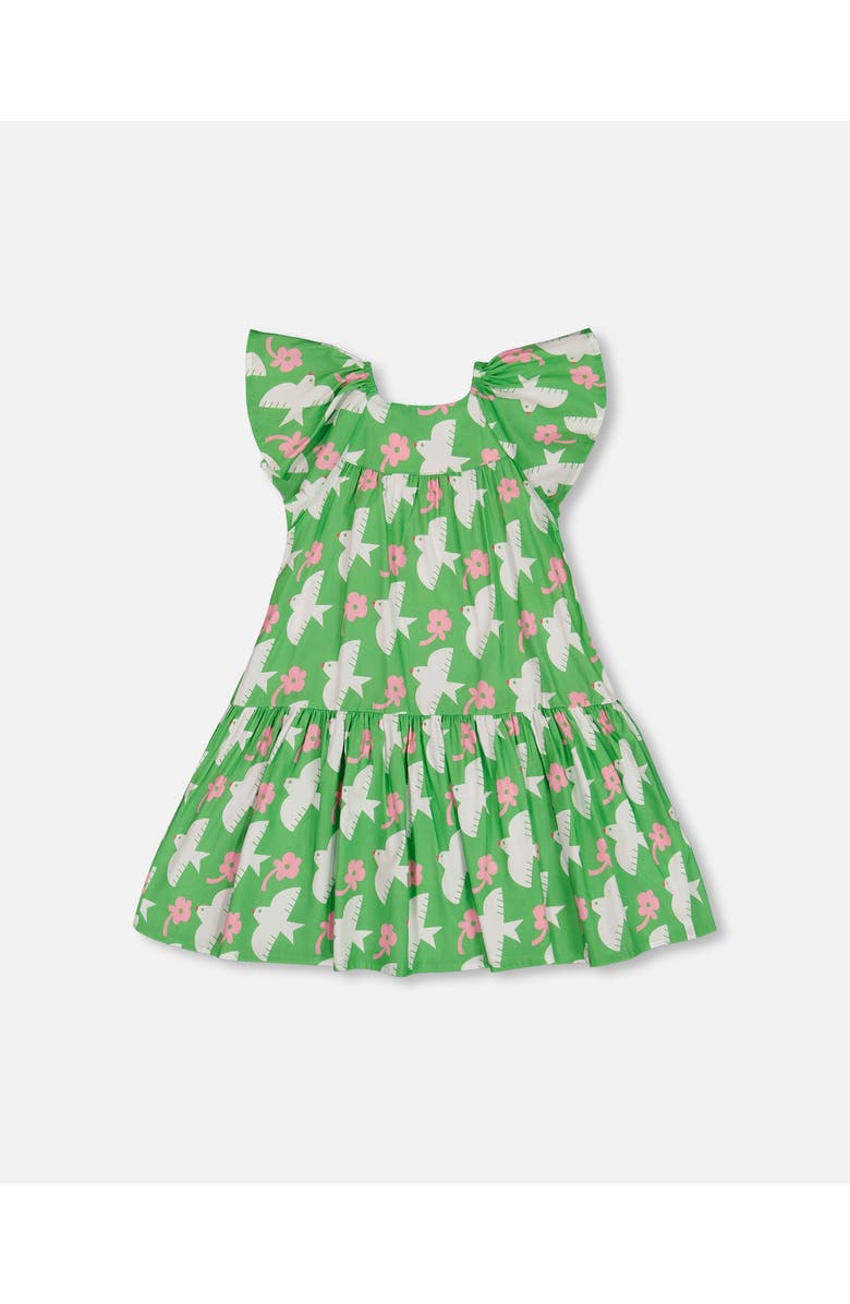 Deux par Deux Girl's Printed Dress With Flounce Sleeves Green With White And Pink Bird, Main, color, Green With White And Pink Bird