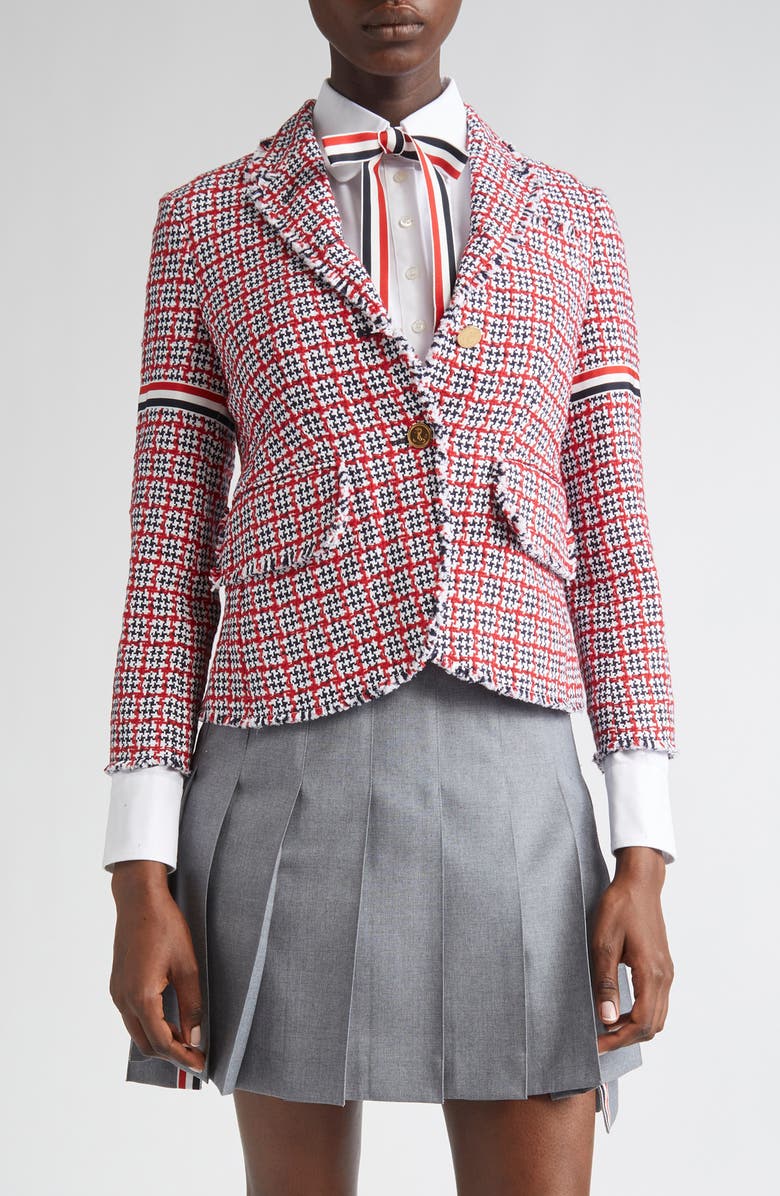 Thom Browne Fray Cotton Tweed Blazer, Main, color, Red Multi