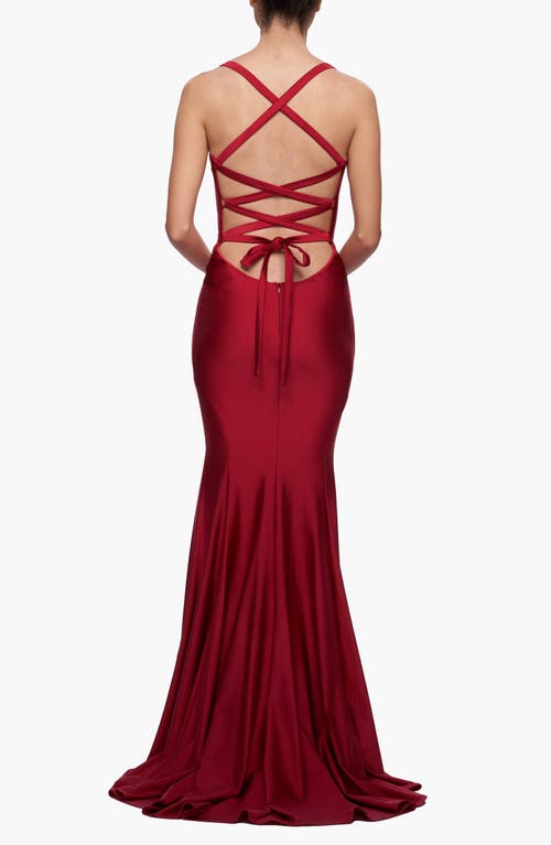 La Femme Form Fitting Prom Dress With Dramatic Lace Up Back In Burgundy