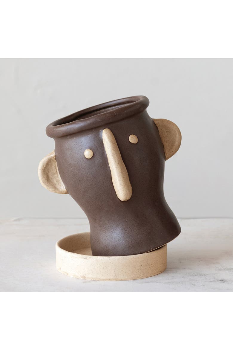 Creative Co-Op Stoneware Face Planter with Saucer, Matte Black and Cream, Alternate, color, Brown