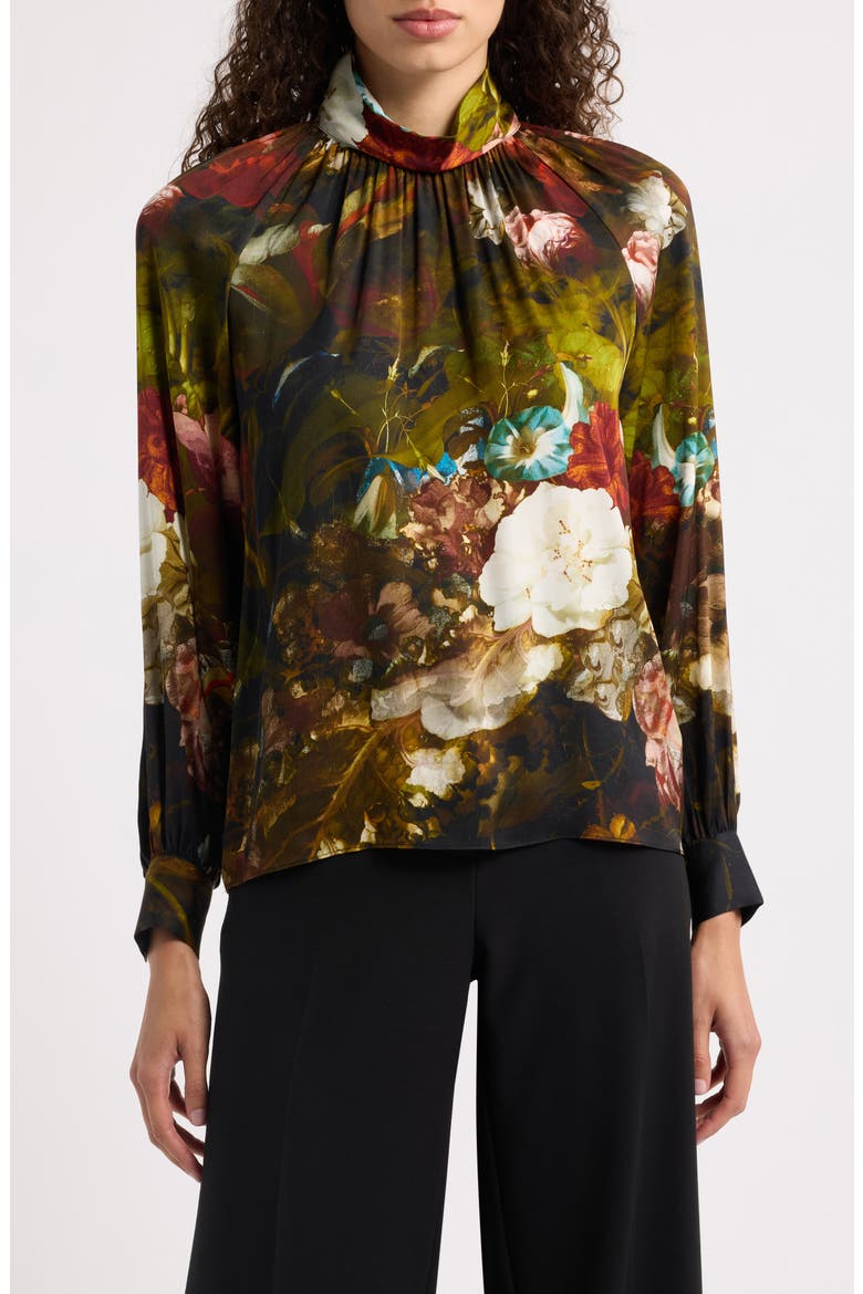 Vivian Floral Print Silk Blend Mock Neck Top, Main, color, VERONA FORREST
