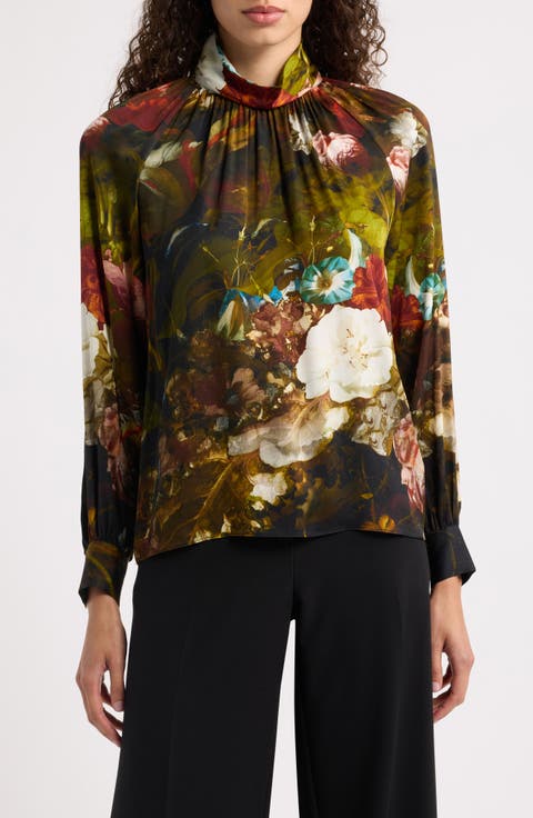 Vivian Floral Print Silk Blend Mock Neck Top