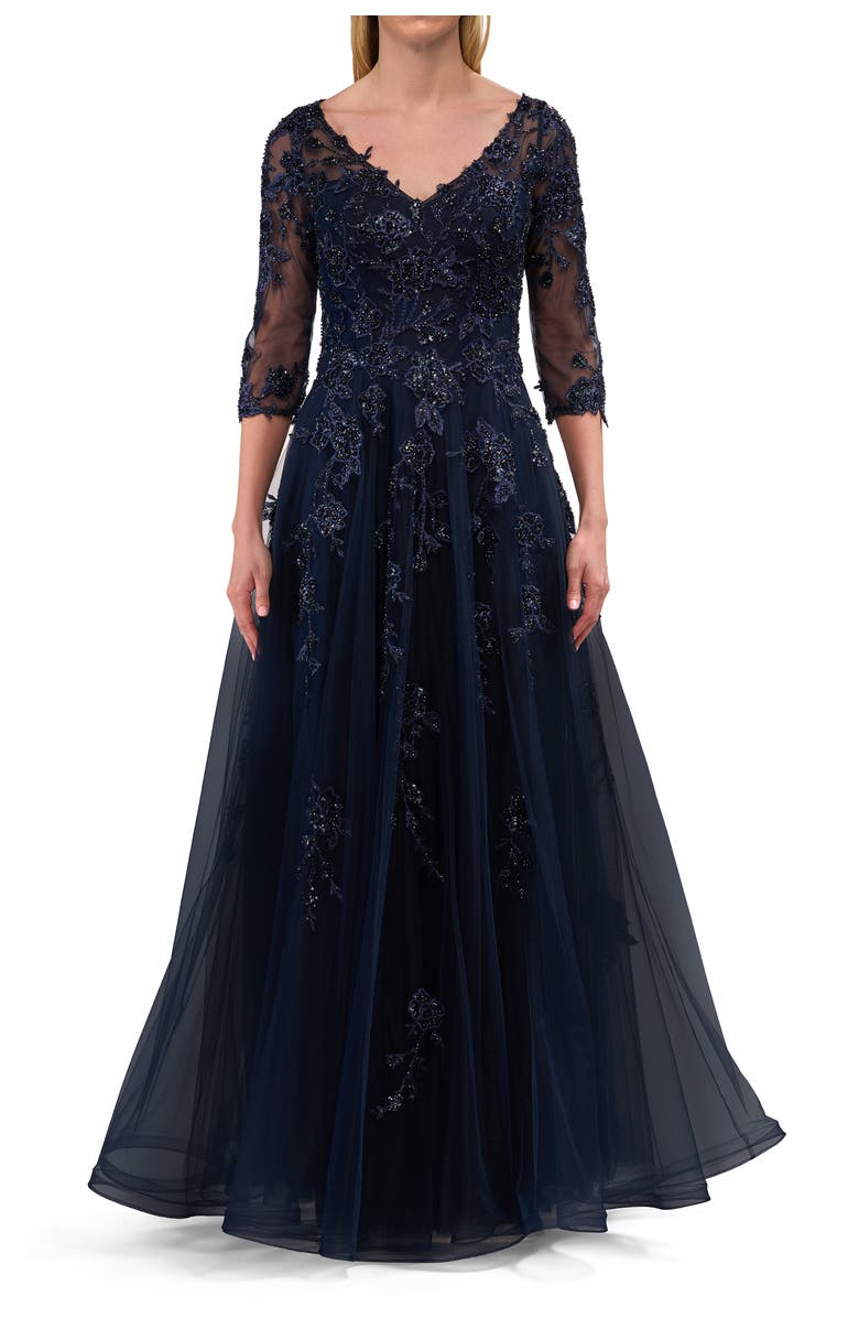La Femme A-line Tulle Mother of the Bride Dress with Gorgeous Beaded Lace, Main, color, Navy