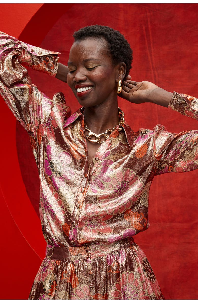 Trina Turk Sagittarius Long-Sleeve Printed Silk Blouse, Ruqa Red Multi, Alternate, color, Ruqa Red Multi