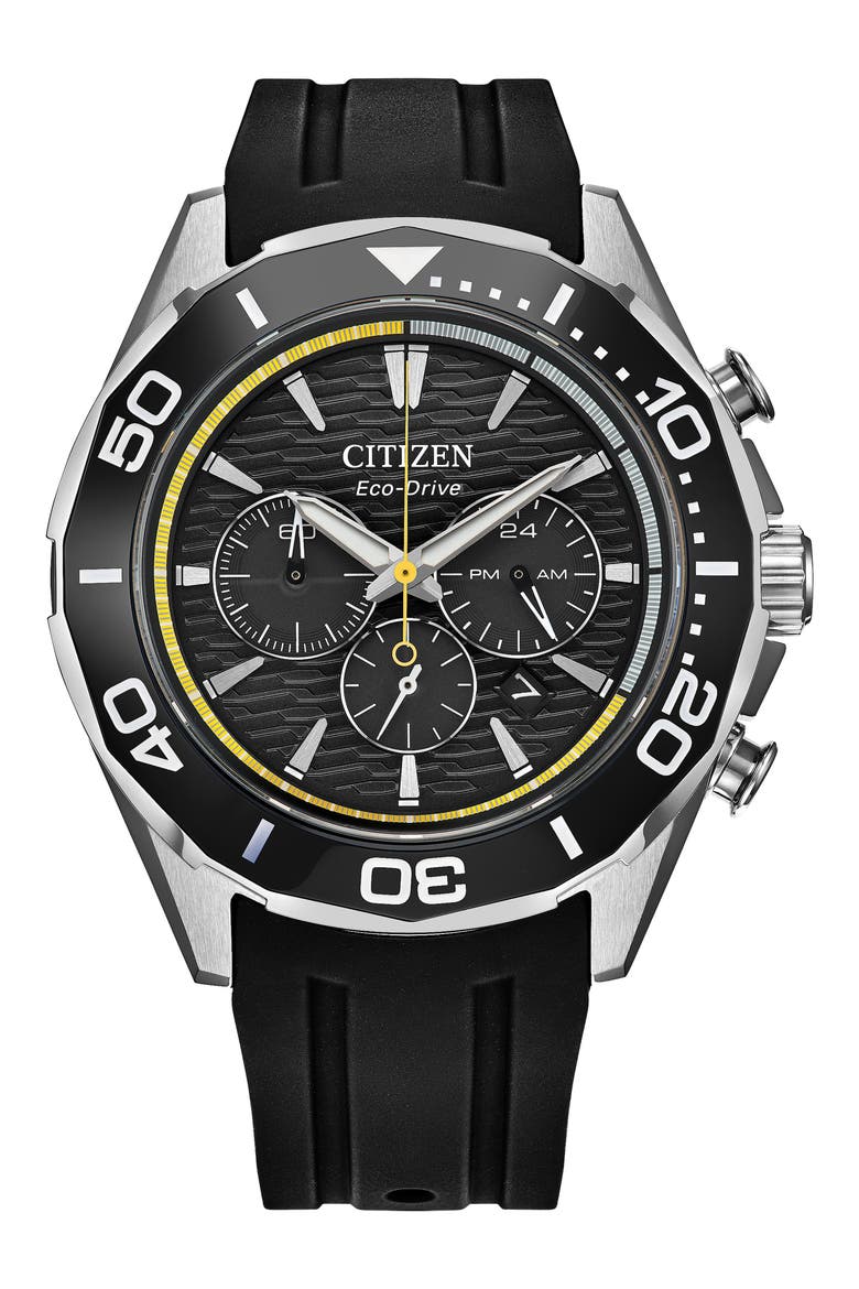 Endeavor Eco-Drive Chronograph Synthetic Strap Watch, 43mm, Main, color, BLACK