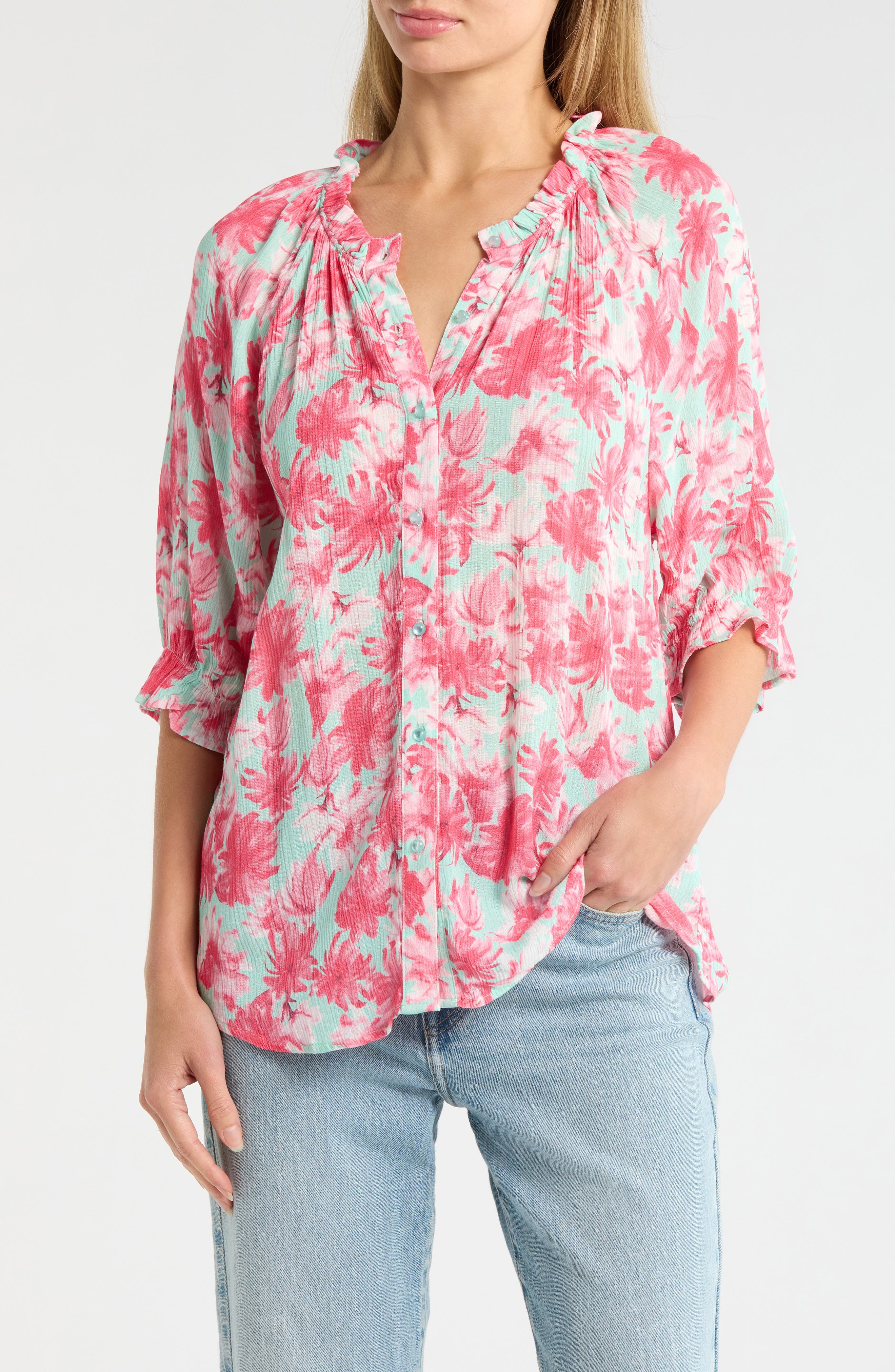 Bobeau Print Ruffle Blouse