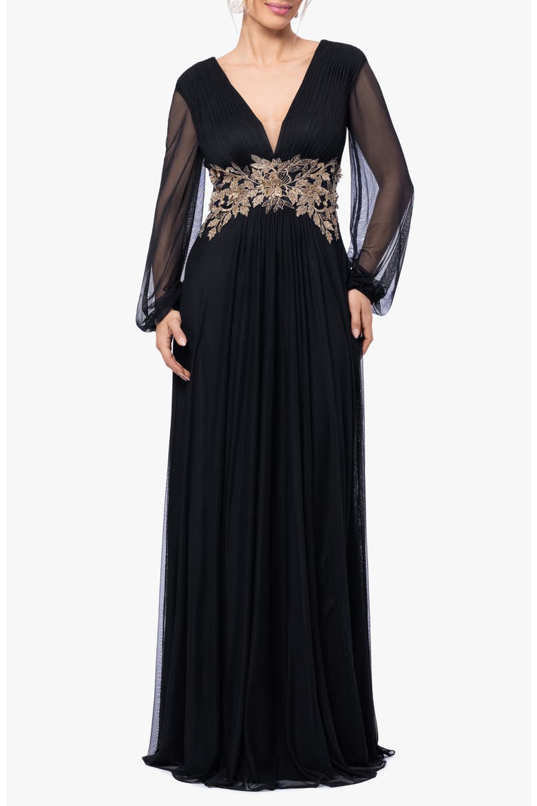 Metallic Floral Appliqué Long Sleeve Gown, Main, color, BLACK/ GOLD