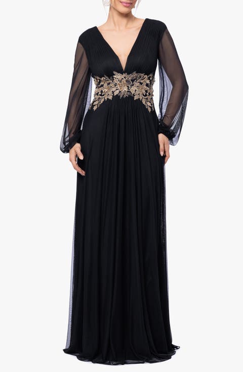 Metallic Floral Appliqué Long Sleeve Gown