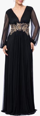 Betsy & Adam Metallic Floral Appliqué Long Sleeve Gown
