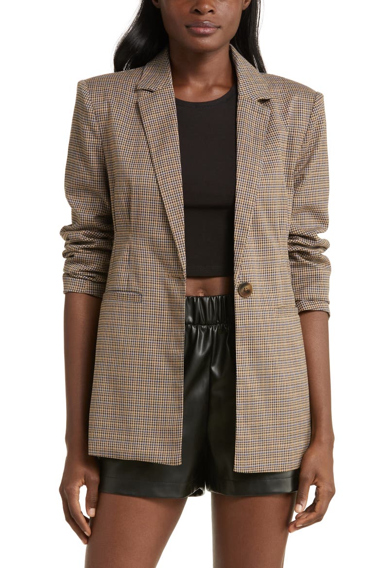 Cinched Waist Houndstooth Plaid Blazer, Main, color, BLUE/ YELLOW HOUNDSTOOTH PLAID