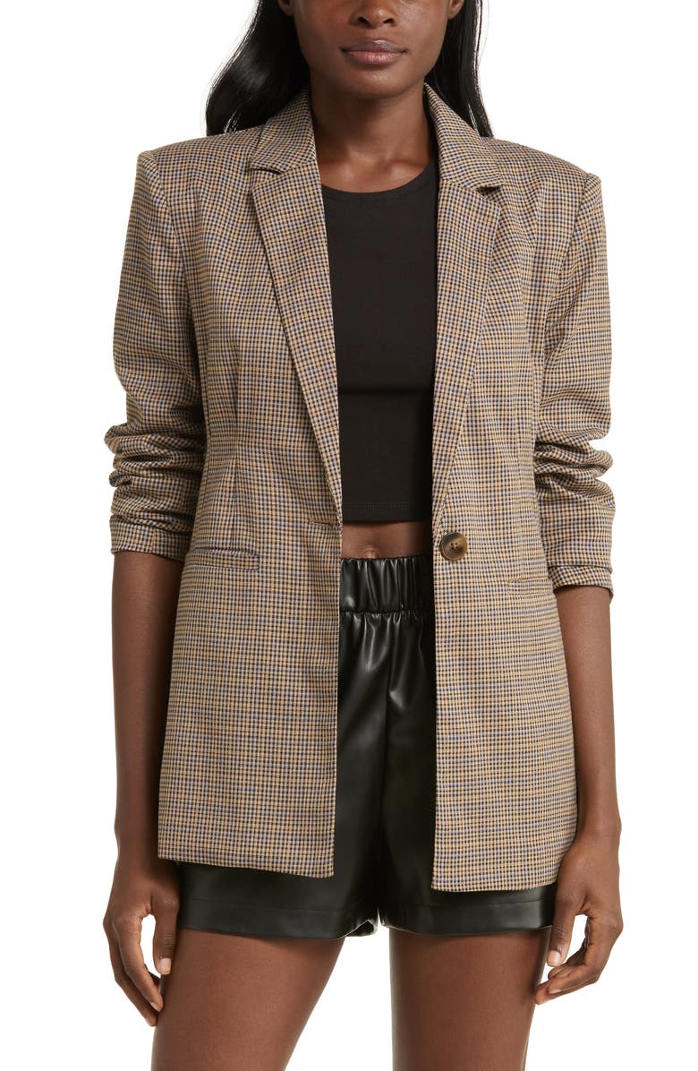 Steve Madden Cinched Waist Houndstooth Plaid Blazer, Main, color, Blue/ Yellow Houndstooth Plaid