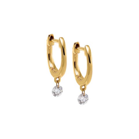 Solitaire Floating Diamond Solid Huggie Earring 14K