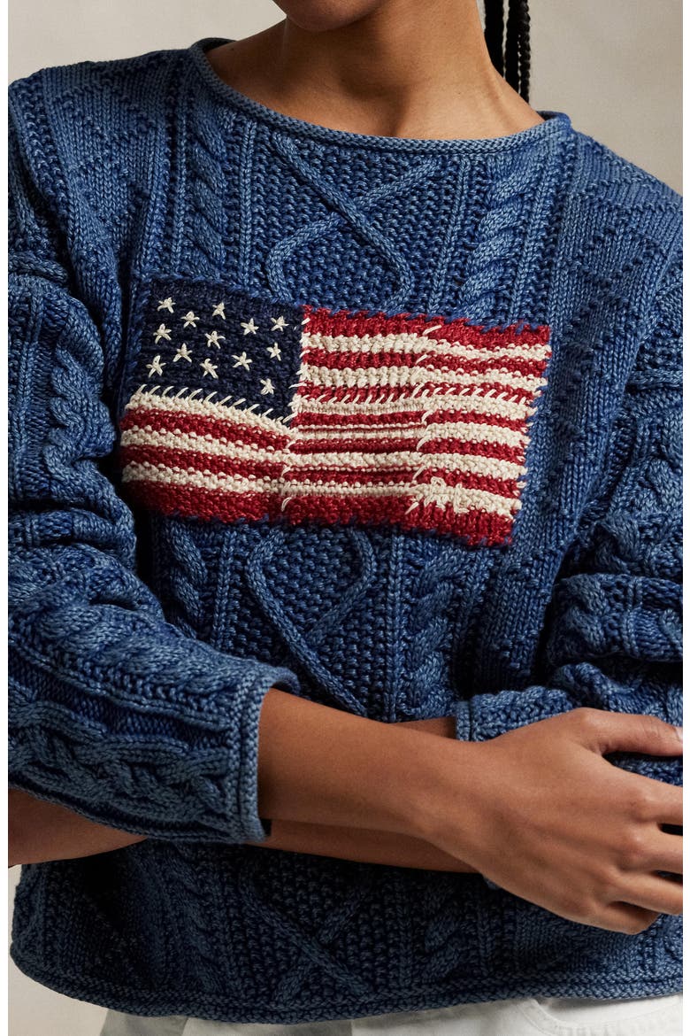 Flag Cable Knit Cotton Aran Sweater, Alternate, color, INDIGO/ MULTI