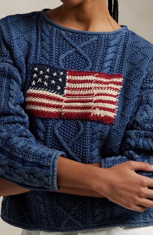 Shop Polo Ralph Lauren Flag Cable Knit Cotton Aran Sweater In Indigo/multi