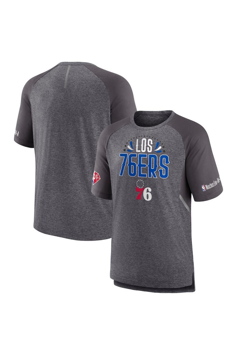 Men's Fanatics Branded Heathered Gray Philadelphia 76ers 2022 Noches Ene-Be-A Core Shooting Raglan T-Shirt, Main, color, Heather Gray
