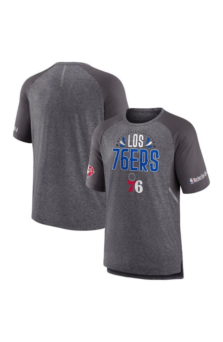 FANATICS Men's Fanatics Branded Heathered Gray Philadelphia 76ers 2022 Noches Ene-Be-A Core Shooting Raglan T-Shirt, Main, color, Heather Gray