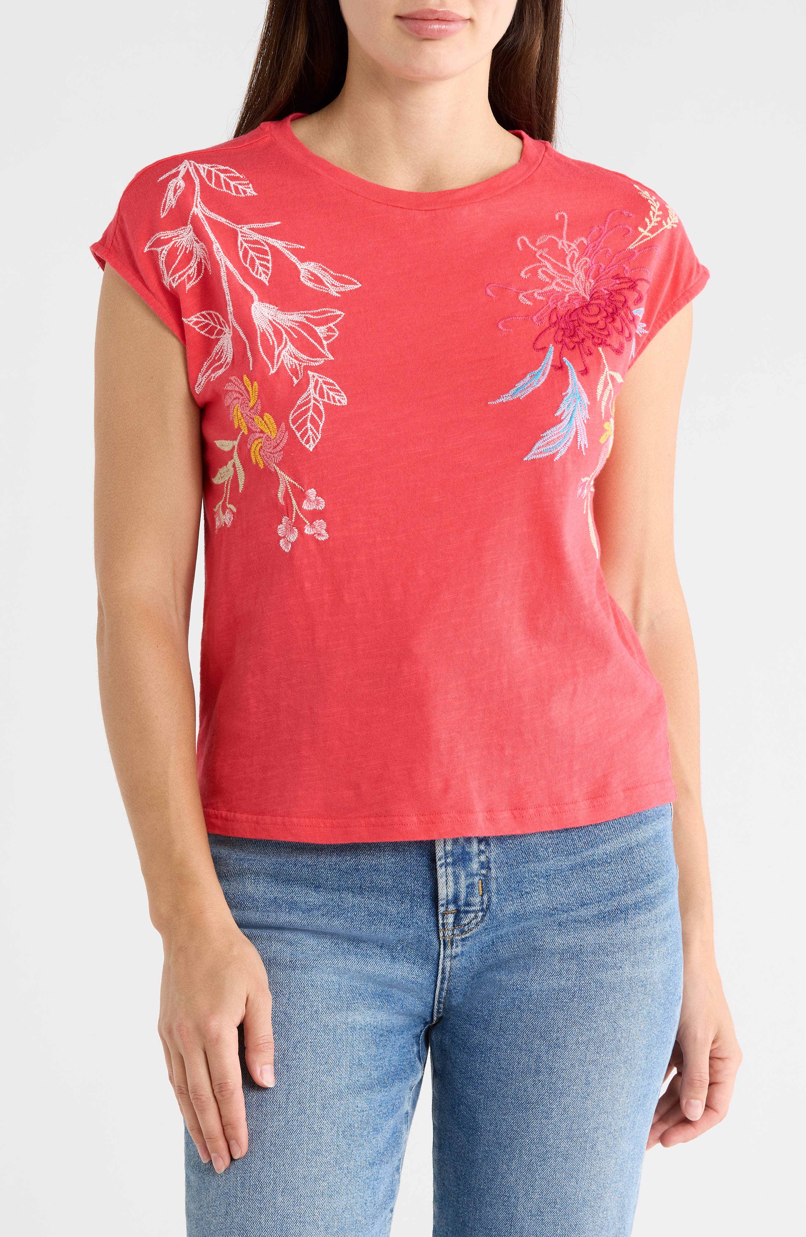 T Tahari Floral Embroidered Cap Sleeve Top