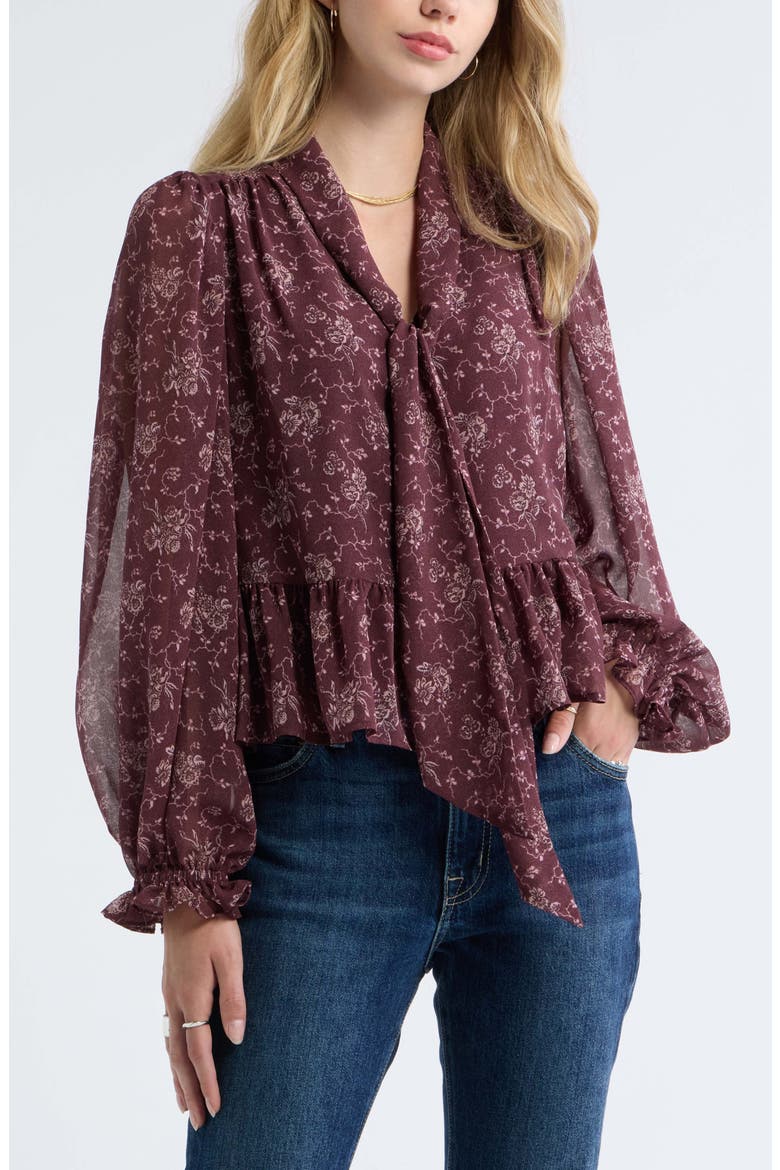 Tie Neck Chiffon Top, Main, color, PURPLE VINTAGE BLOSSOMS
