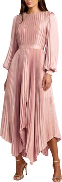 Mac Duggal Long Sleeve Pleated Charmeuse Handkerchief Hem Midi Dress