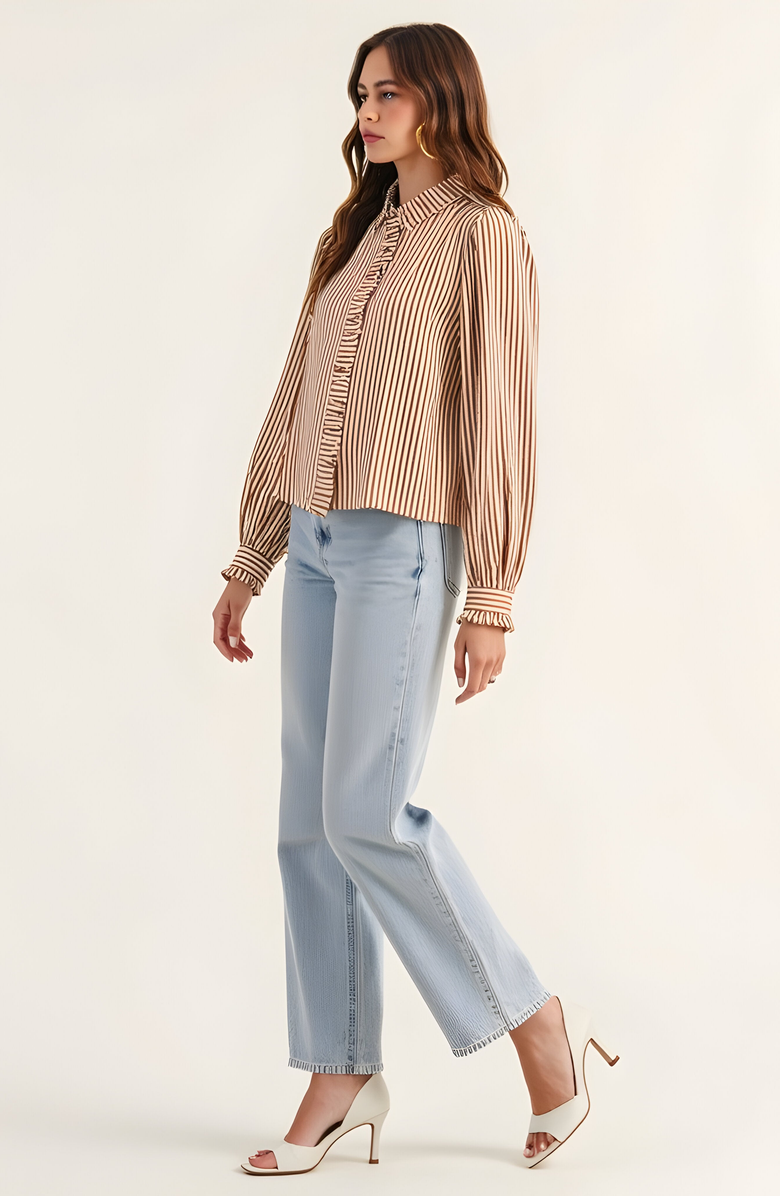 Modenaire Striped Puff Sleeve Blouse with Ruffled Trim and Covered Placket, Alternate, color, 